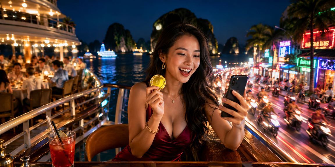 Người dùng theo dõi kết quả cá cược thể thao qua điện thoại tại vịnh Hạ Long về đêm